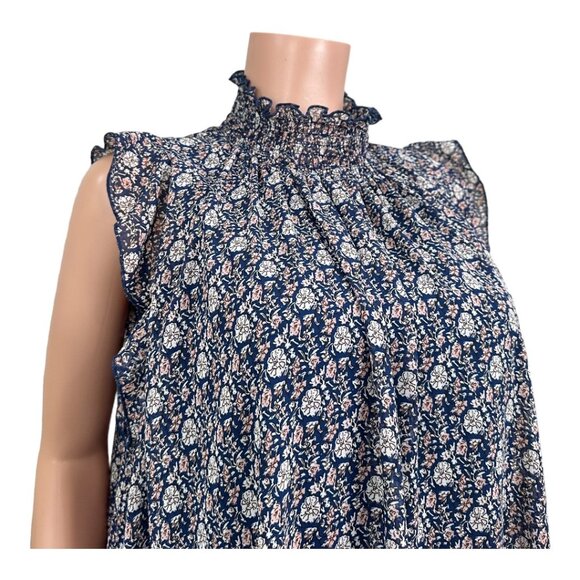 CODExMODE Women SZ M Navy Blue Floral A Line Knee Lenght Dress High Neck Chiffon - Picture 7 of 15